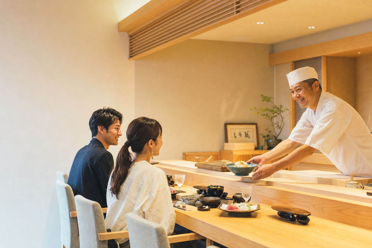 暖色の照明に照らされた店内カウンター