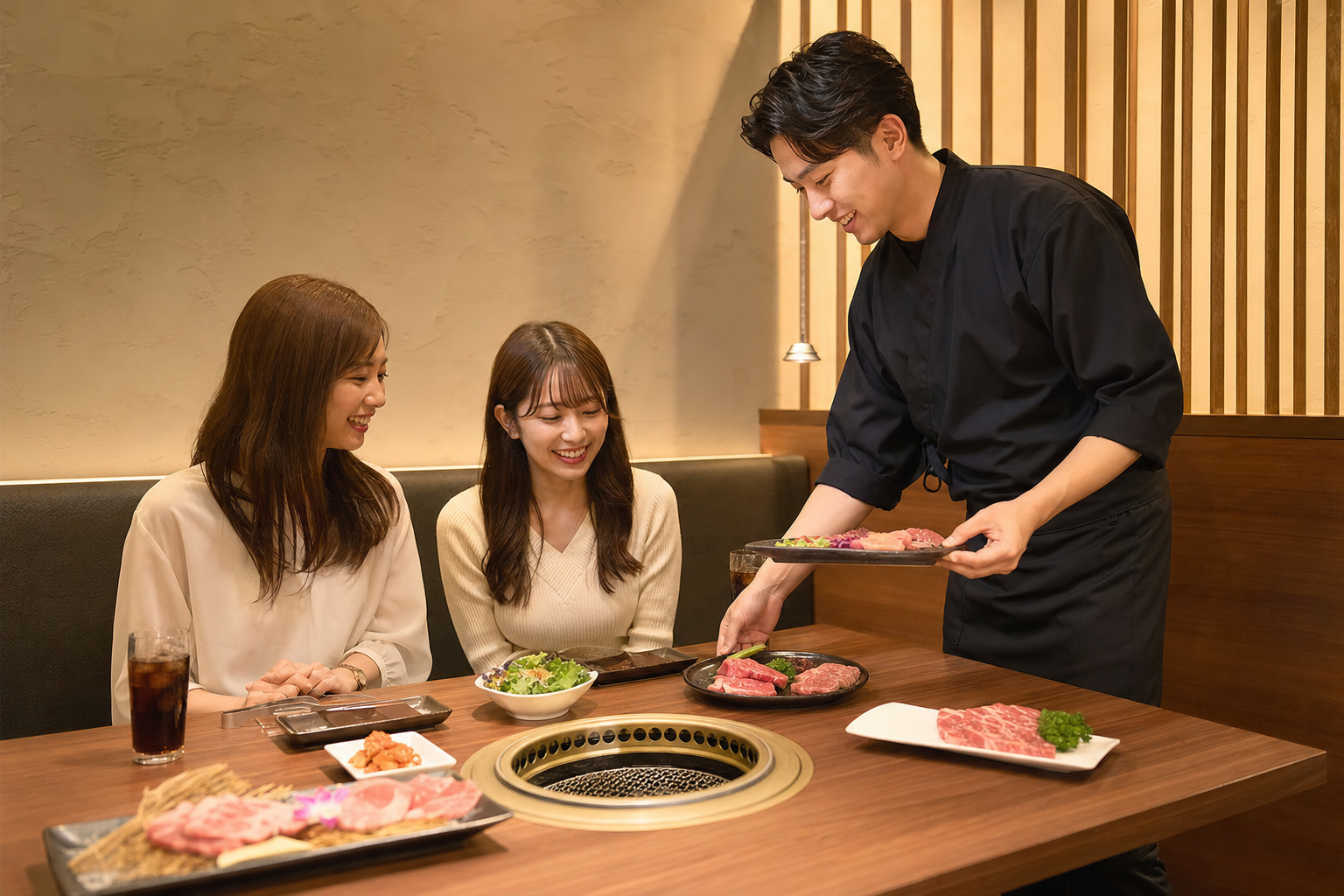 落ち着いた店内に整えられた焼肉の席