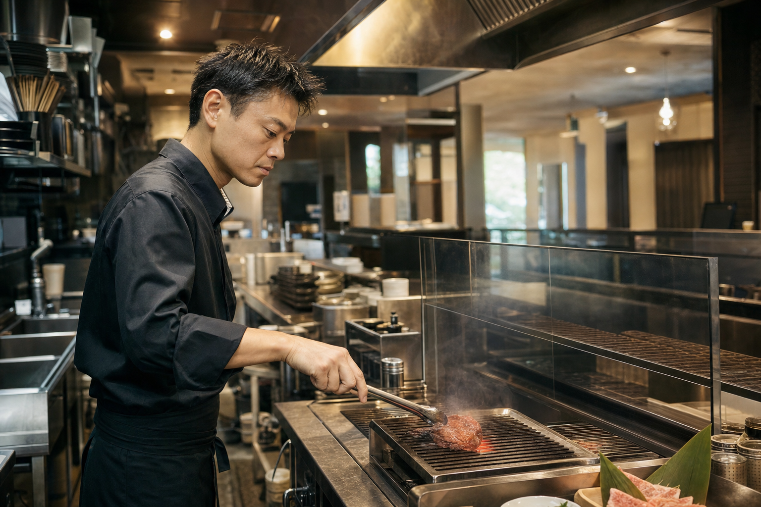 焼肉の一皿を食卓へ整える手元