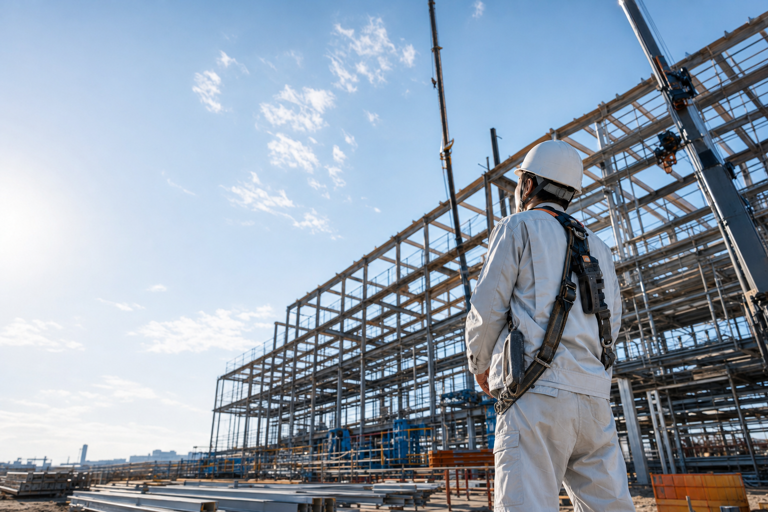 Ouvrier inspectant un chantier à ossature métallique